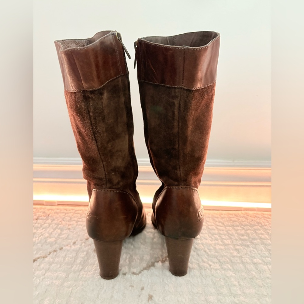UGG Chocolate Brown Suede Leather Mid-Calf Heeled Boots Y2K Fall Boho Chic 8 - Picture 5 of 8